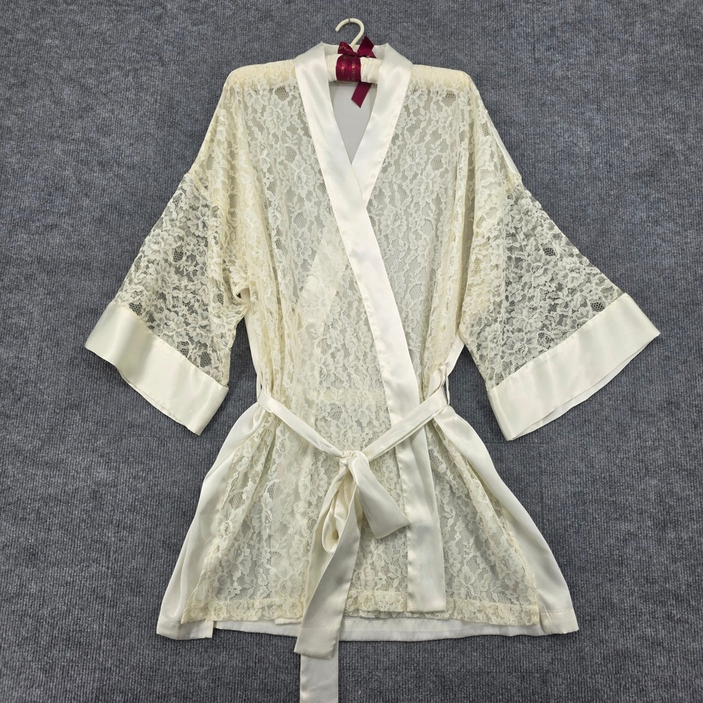Victoria's Secret Gold Label Cream Floral Lace Kimono Robe Satin One Size Ivory